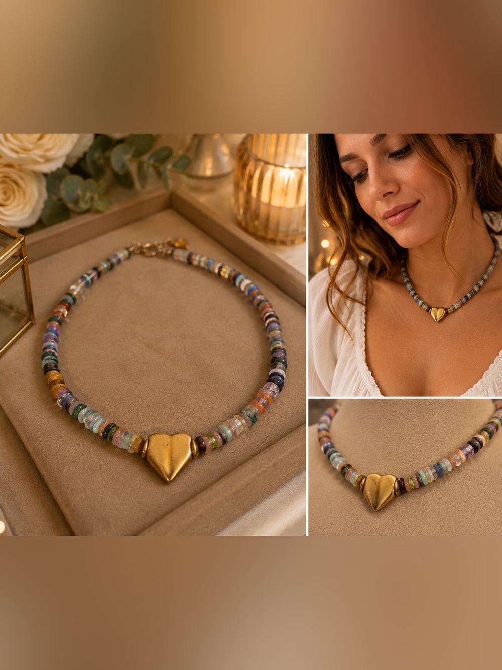 Vintage Gemstone Beaded Heart Choker Necklace Bronze Pendant Boho